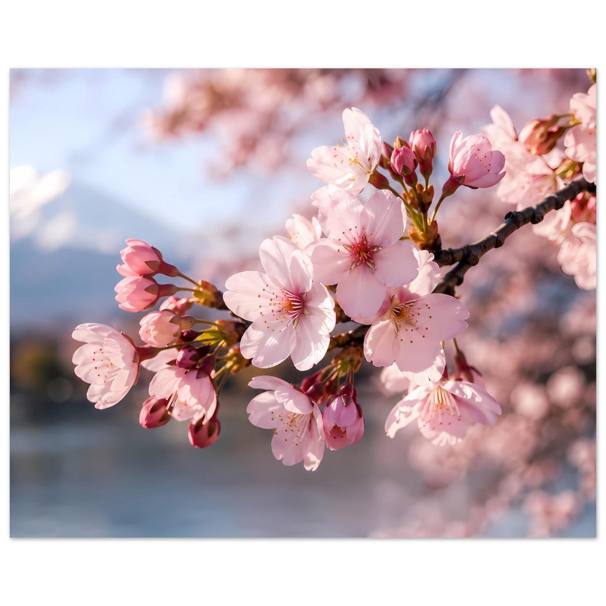 Kirschblüten-Poster, Großansicht rosa Blüten und Zweig, Querformat