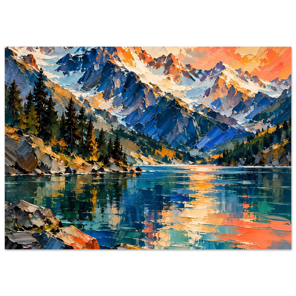 Mattes Poster im Querformat: Bergsee-Landschaft mit blauen Bergen und türkisfarbenem Wasser.