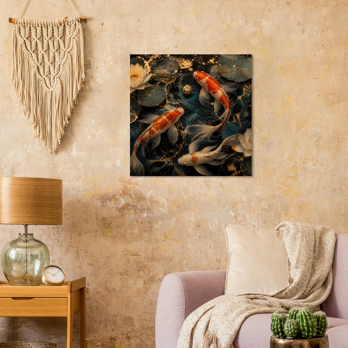 Koi-Teichkunstposter mit ringförmig angeordneten Koi-Fischen im dunklen Teich