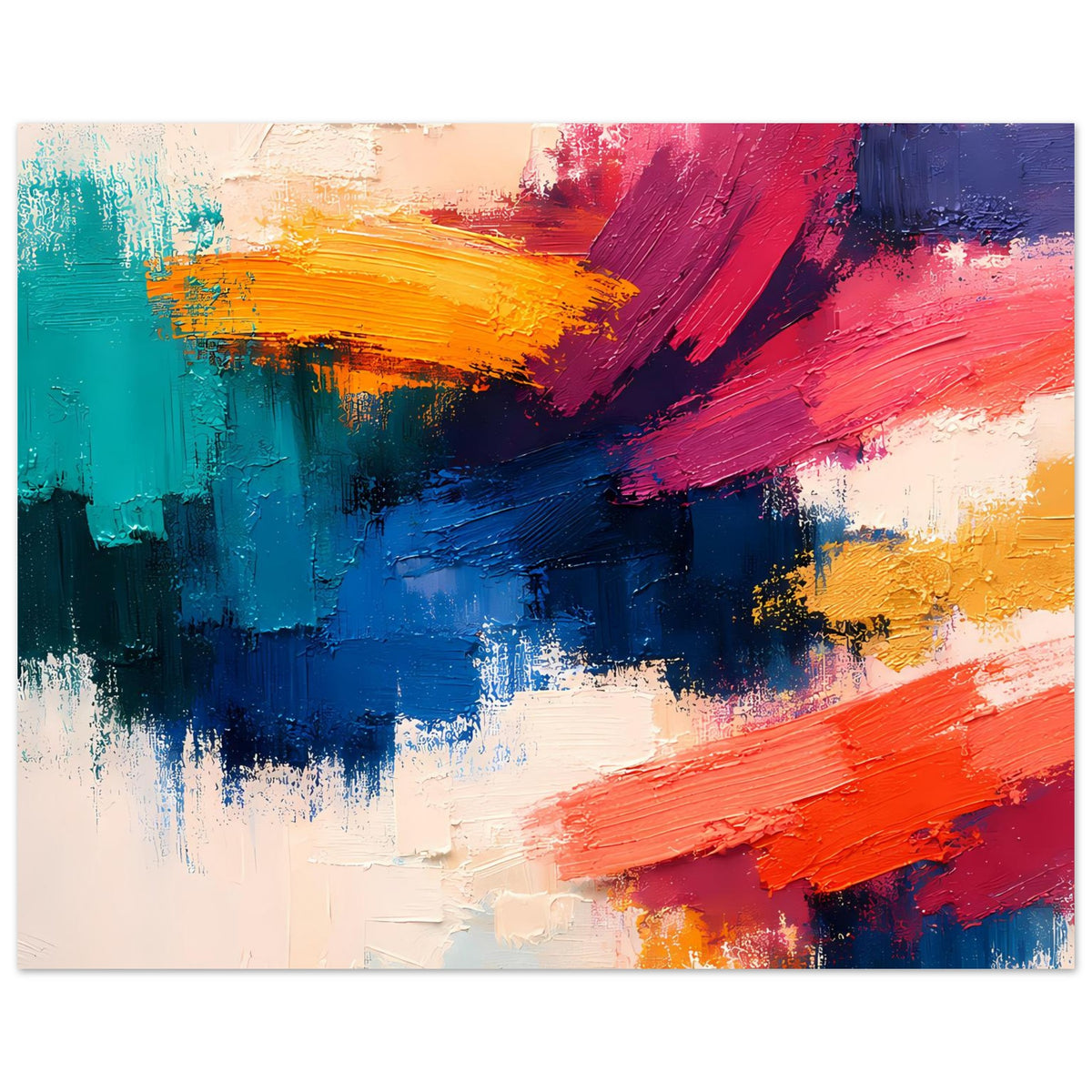 Abstraktes Poster mit Pinselstrichen in Blau, Rot, Türkis und Orange, dynamische Farbflächen