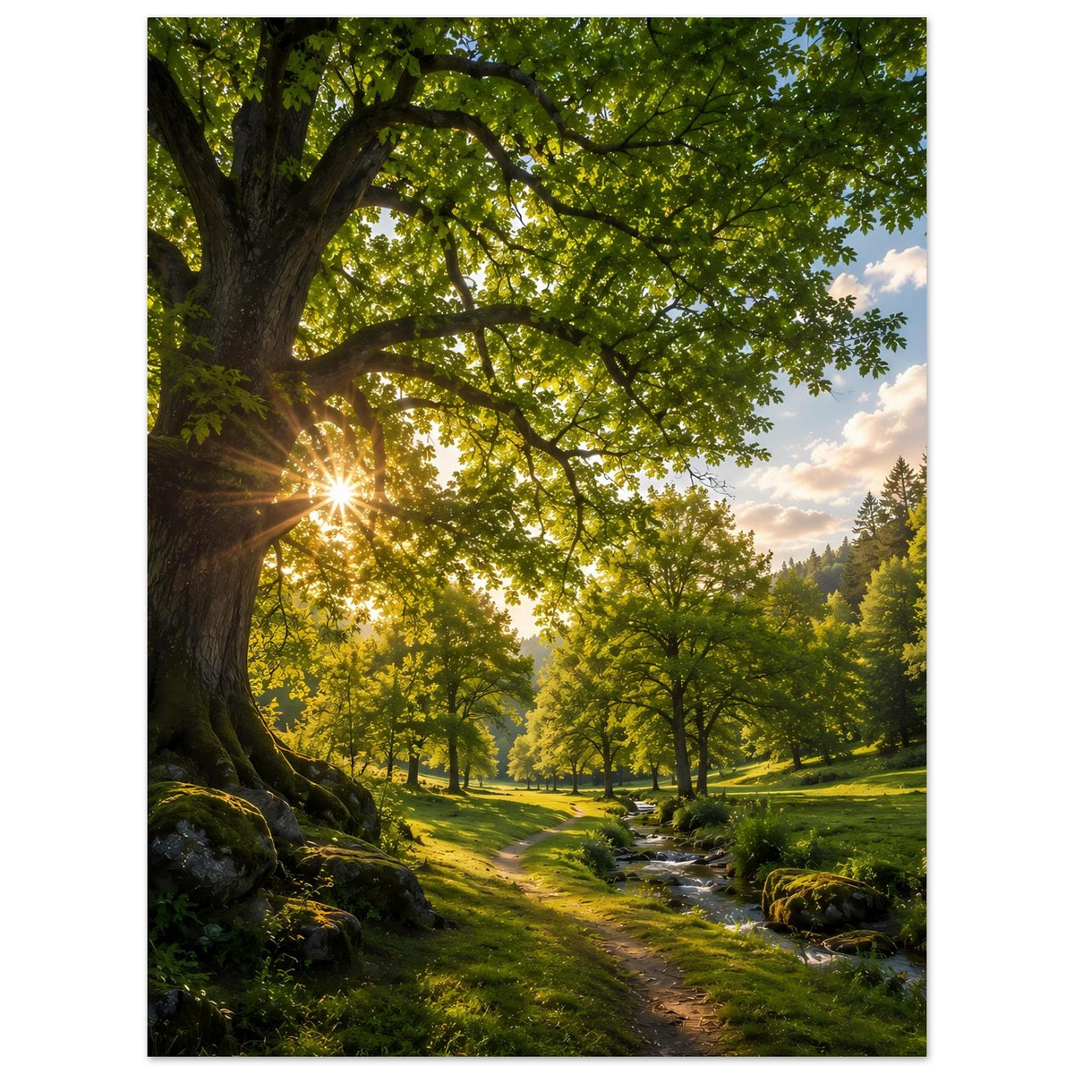 Wandposter mit Waldweg und Bach, umsäumt von Moos und dunklen Baumstämmen