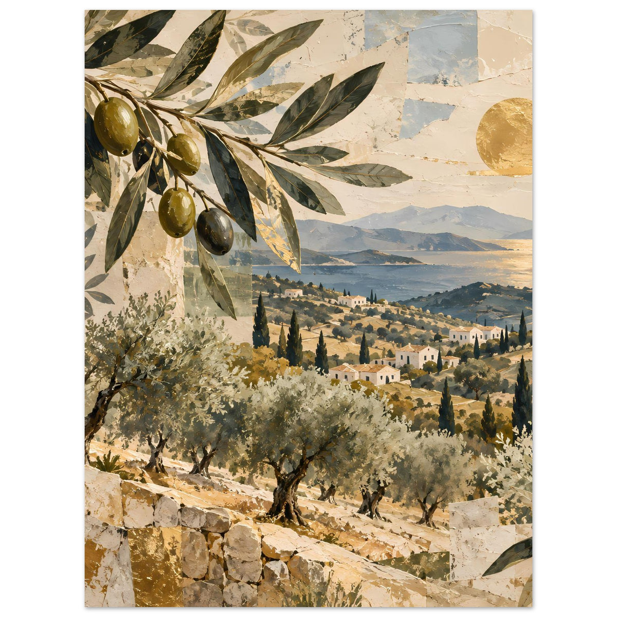 Mediterranes Olivenhain-Poster: Olivenzweig links, Panoramalandschaft mit Dorf, Hügeln und Bergen