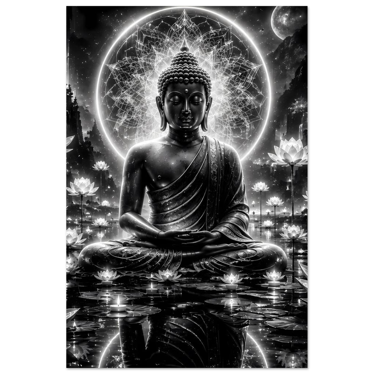 Poster im Hochformat: Buddha mit betontem Oberkörper, leuchtender Kreis und Lotusdetails