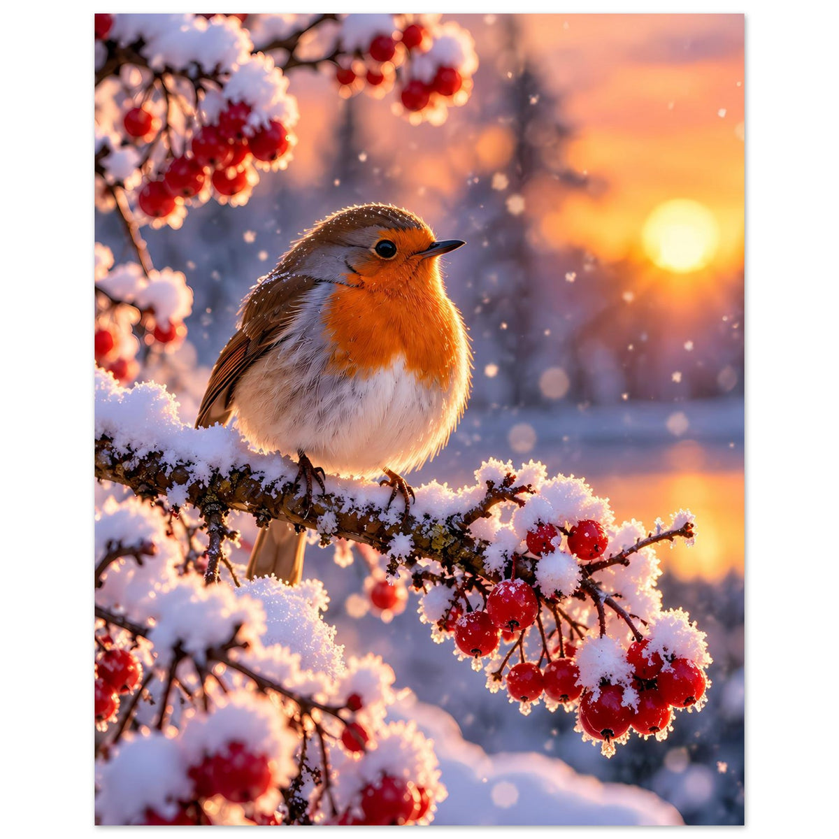 Hochformat-Poster: Rotkehlchen auf Zweig mit Schnee und roten Beeren.