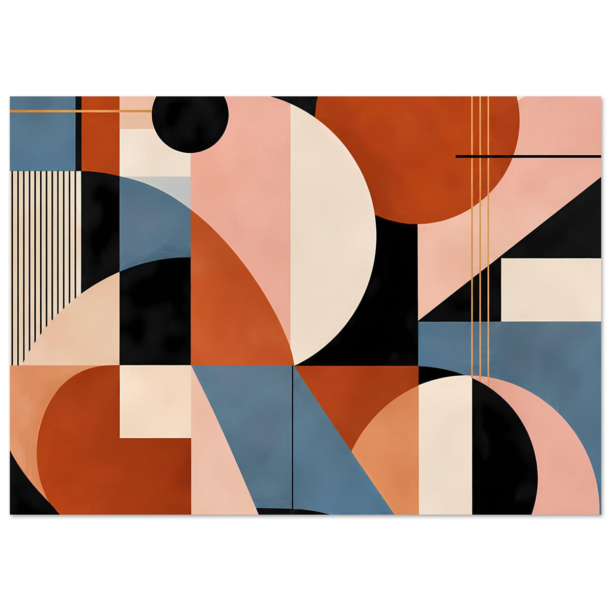 Abstraktes Geometrie-Poster mit Kreisen, Rechtecken und Linien in Terrakotta, Blau und Blush