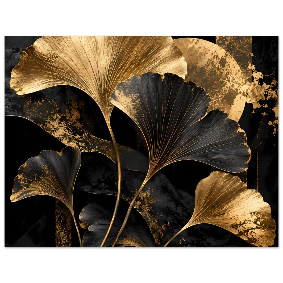 Botanisches Poster im Querformat mit goldenen Ginkgo-Blättern und schwarzen Akzenten auf mattem Papier