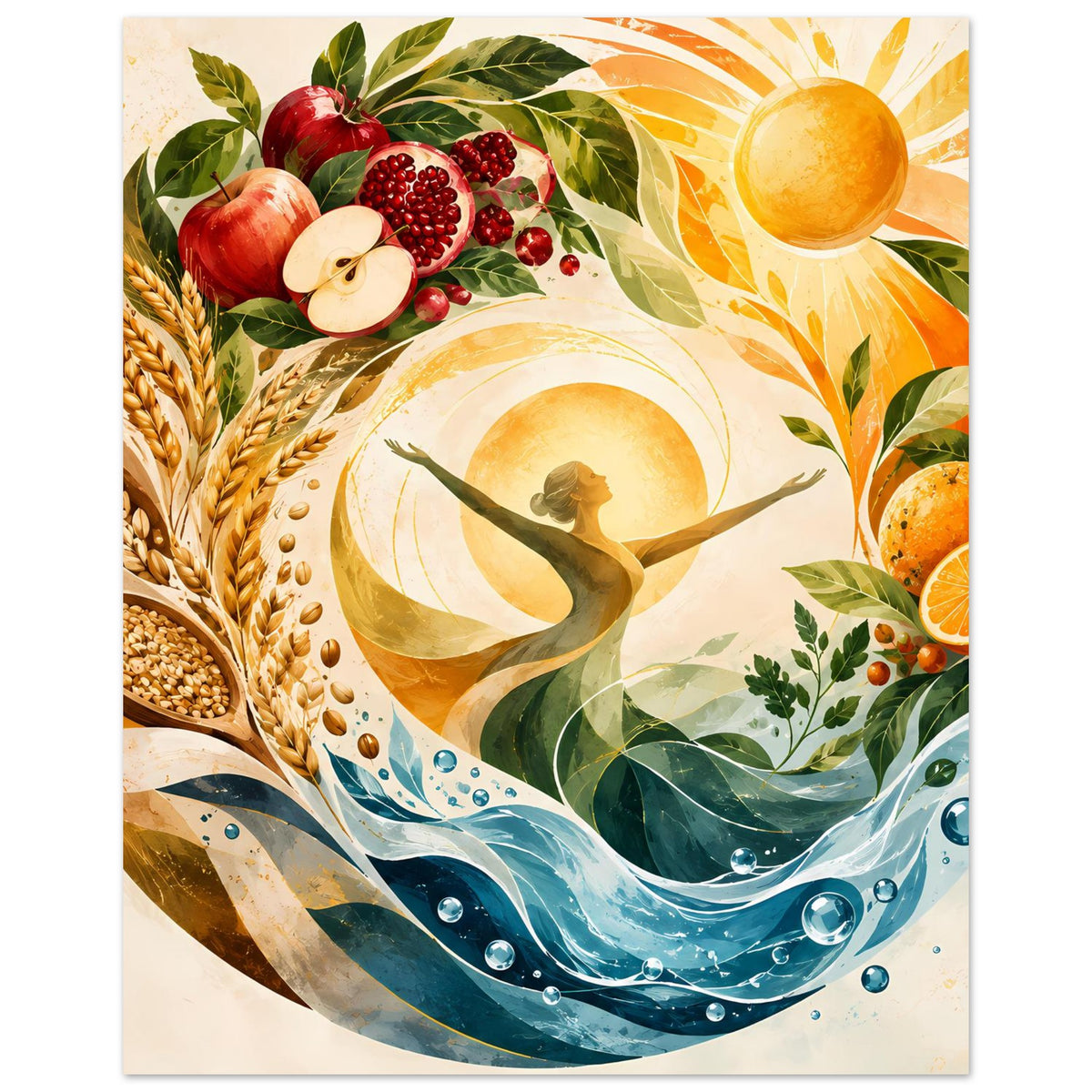 Poster mit Sonne, grünen Blättern und Erntefrüchten; abstrakte Frauensilhouette im Kreis