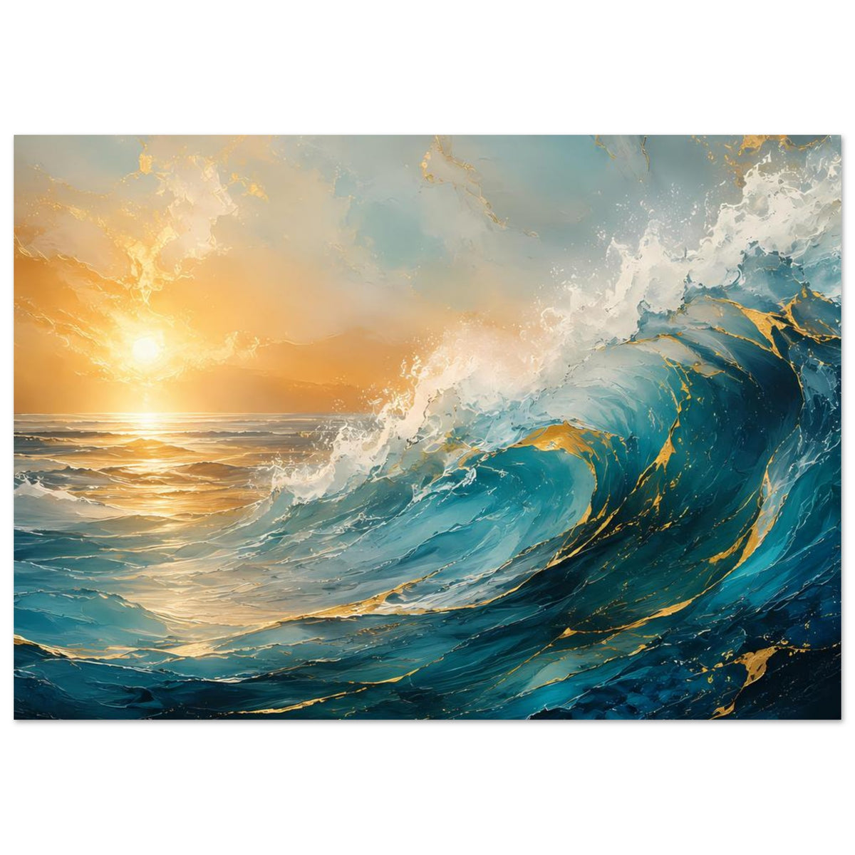 Breites Querformat-Poster mit Meerwellen und Sonnenuntergang, viel türkisfarbenes Wasser