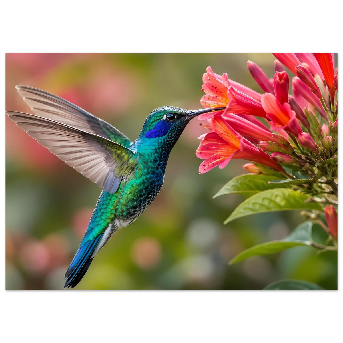 Naturposter querformat: Kolibri im Vordergrund an rosa Blüten