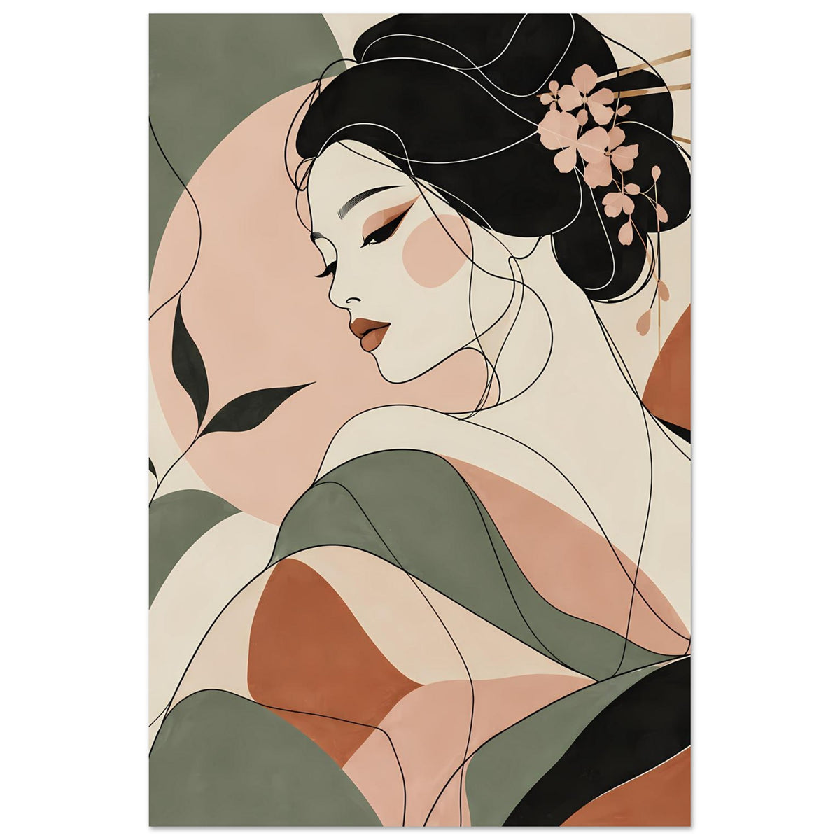 Zen-Poster mit Geisha-Gesicht im Profil, schwarzer Haare und rosa Blumen, Blick nach links