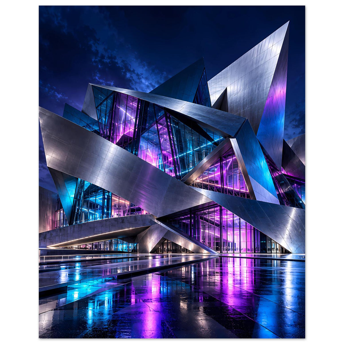 Futuristisches Architekturposter, Hochformat: silberne Gebäude mit blau-violetter Beleuchtung