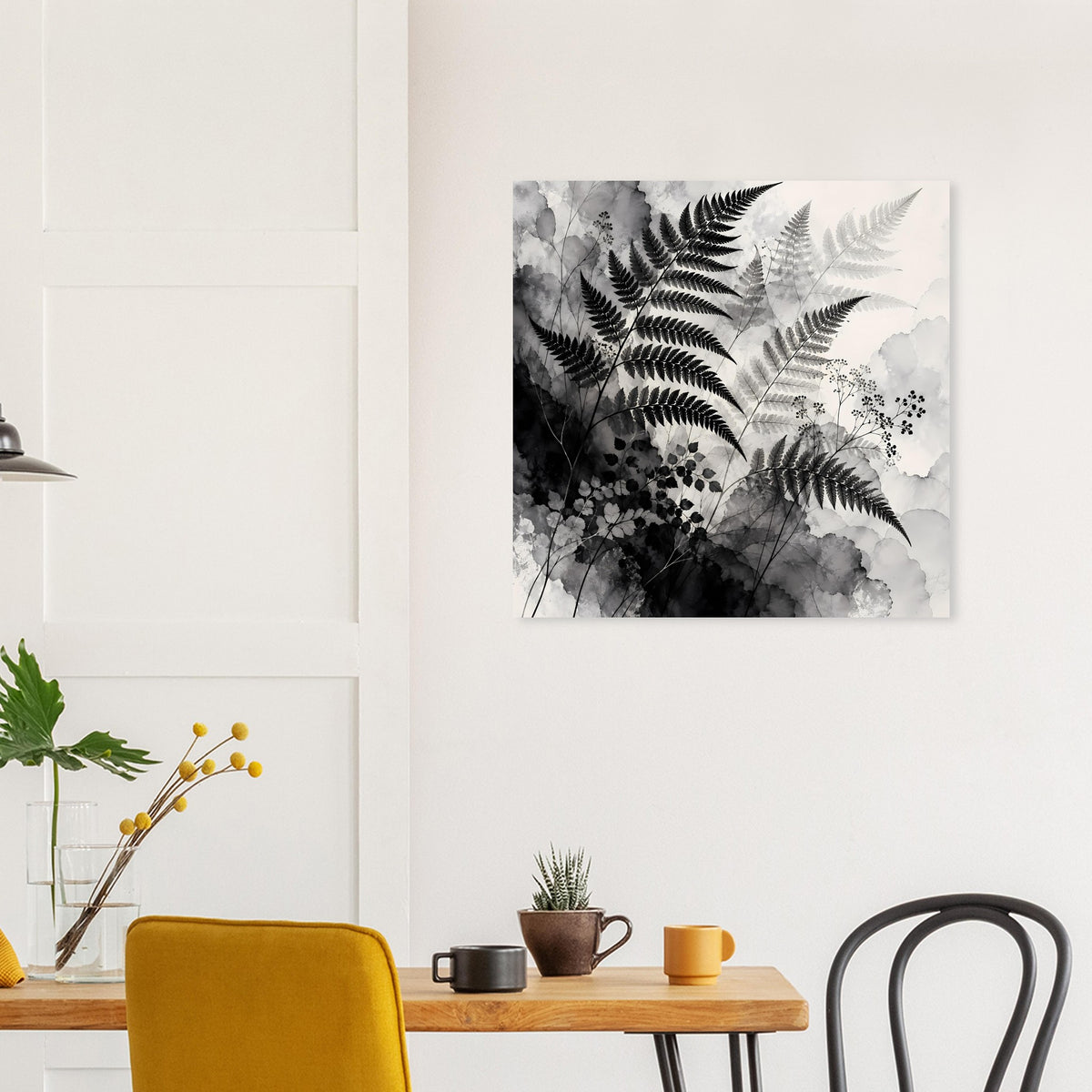 Schwarz-Weiß botanisches Poster mit Farn- und Blumenornamenten, quadratisch
