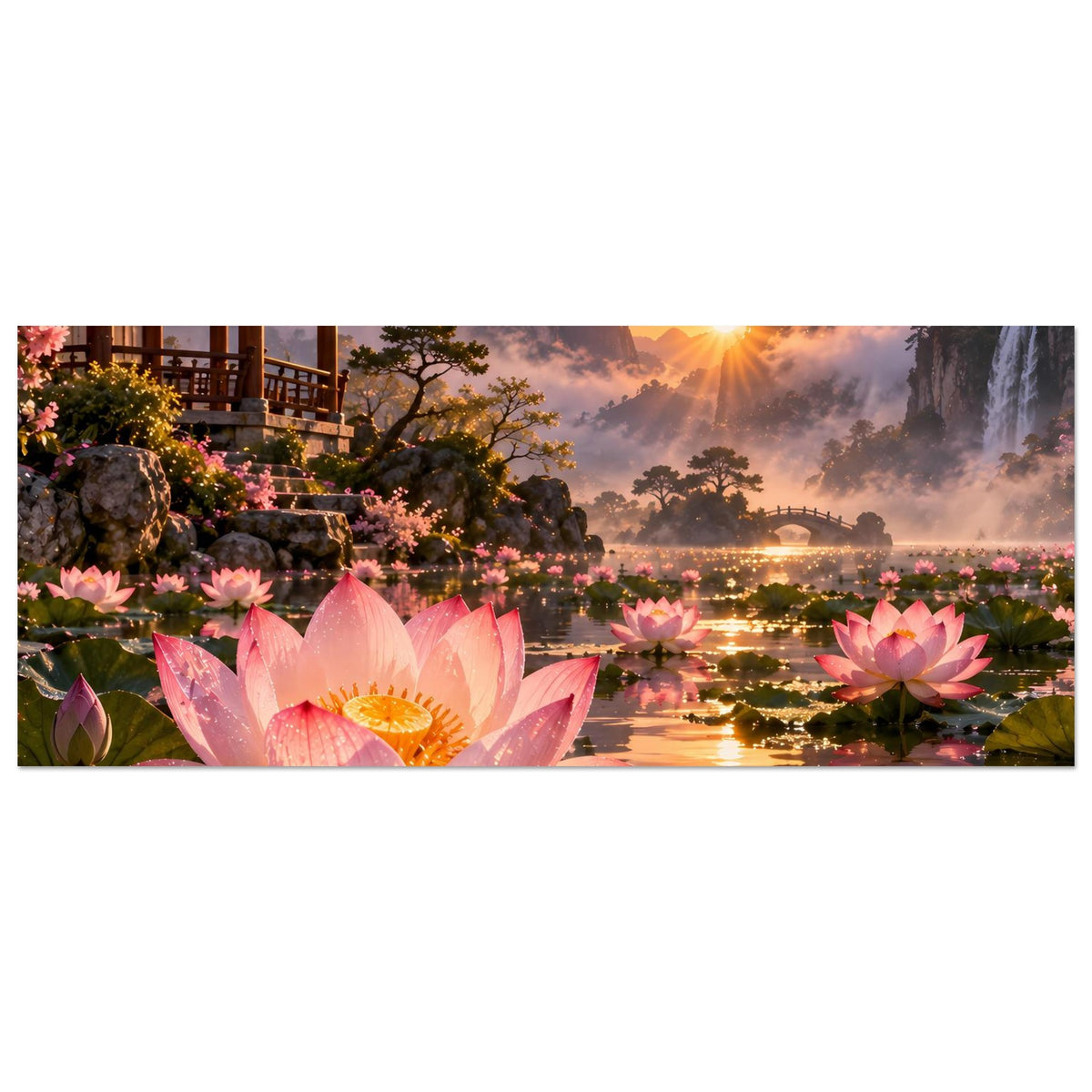Breites Wandposter mit rosa Lotusblüten im Vordergrund und Fluss bei warmem Sonnenlicht