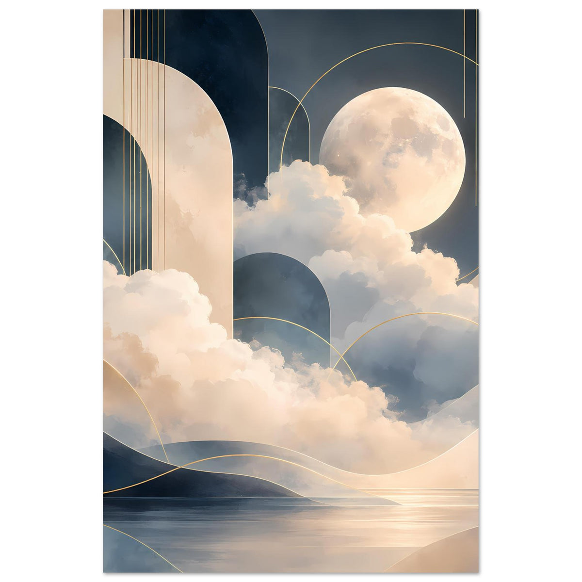 Poster mit Mondlandschaft: Wolkenberge, runde Bögen und goldfarbene Fadenlinien