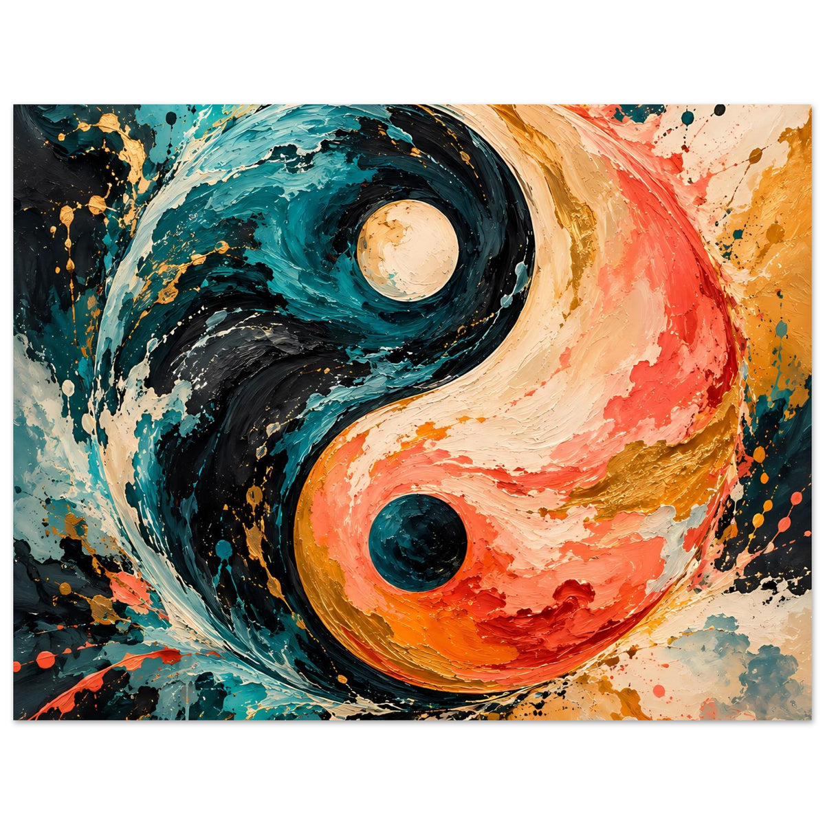Abstraktes Yin-Yang-Poster im Querformat, Yin-und-Yang-Design in Rot, Teal und Dunkelblau