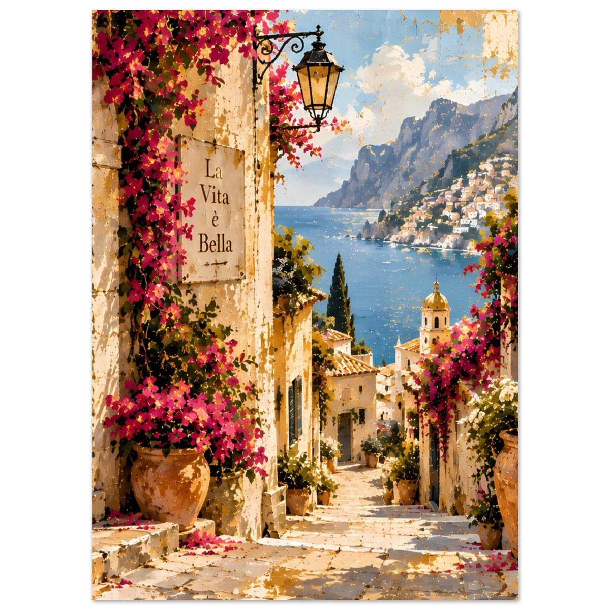 Poster mit italienischer Gasse, Meerblick, Bergen und Bougainvillea