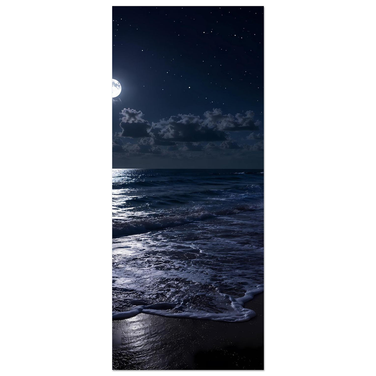 Vertikales Strandposter mit hellem Mond, dunklen Wellen und Sternenhimmel