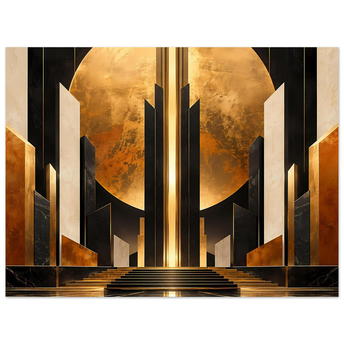 Art-deco Poster mit goldener Lichtachse, schwarzen Elementen und archförmigem Säulenmotiv