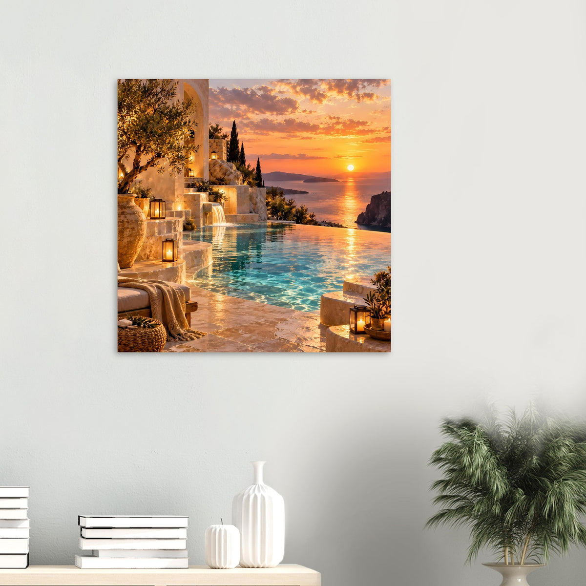 Maritimes Landschaftsposter mit Sonnenuntergang, Meerblick, Terrasse, Wasserbecken und Laternen