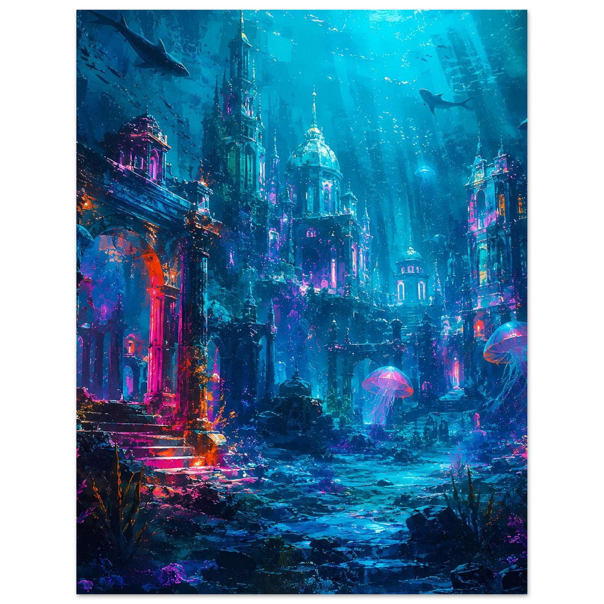 Unterwasser-Fantasy-Poster im Hochformat mit versunkener Stadt und farbigen Quallen