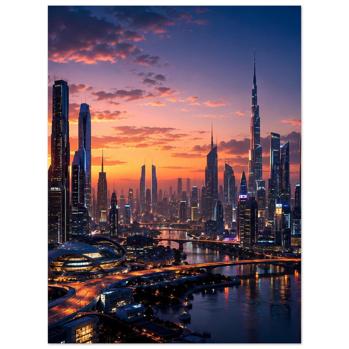 Hochformat-Poster mit Skyline bei Sonnenuntergang, zentrale Türme und beleuchtetes Wasser
