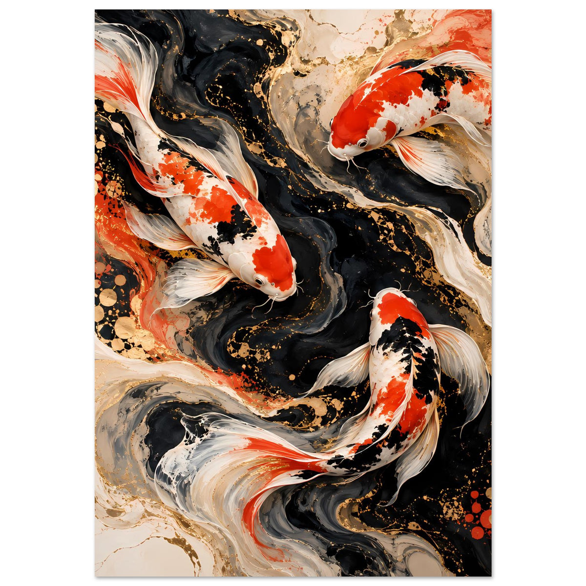 Kunstposter mit Koi-Fischen in Rot-Orange, Schwarz und Weiß, vollflächige abstrakte Muster, Hochformat