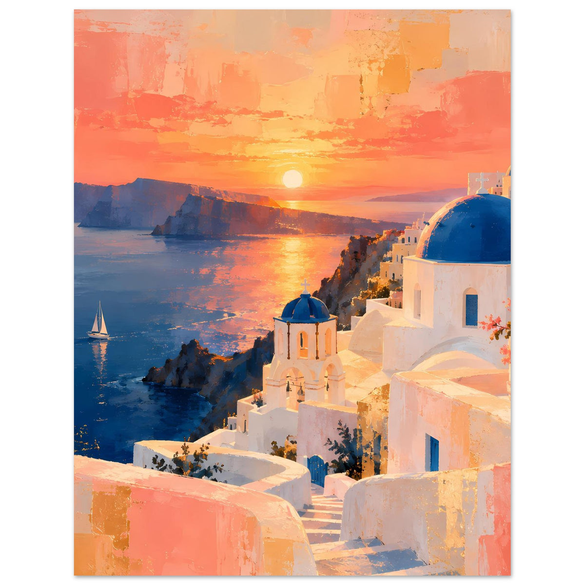 Poster mit Sonnenuntergang über Wasser, weißen Treppenhäusern und blauer Kirchenkuppe