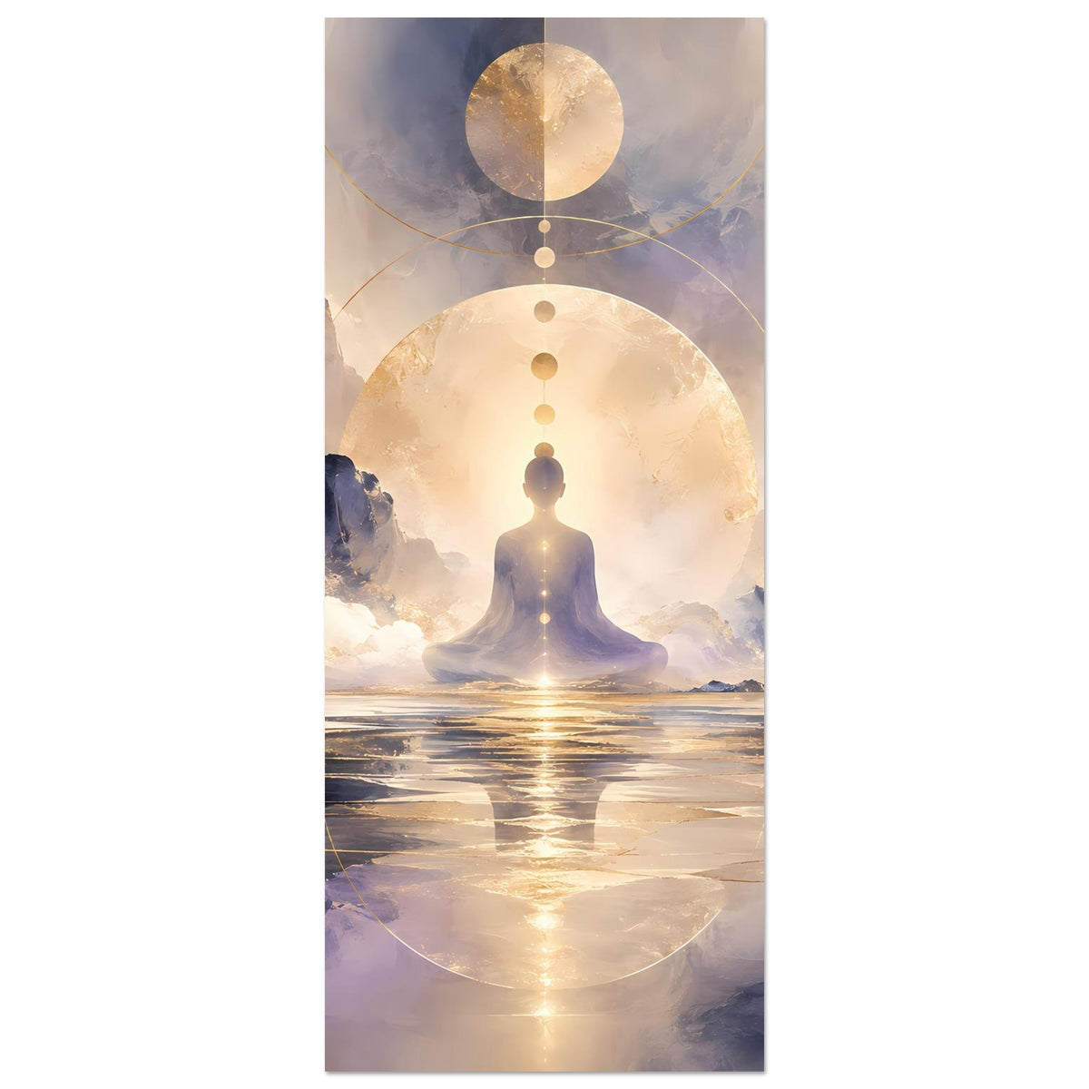 Hochformat-Poster mit Meditationsfigur in goldener Lichtkuppel und großen Kreisformen