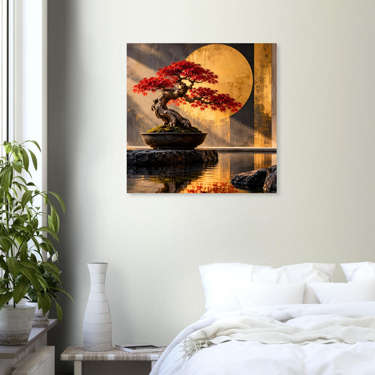 Bonsai-Poster mit rotem Ahorn, goldener Mondscheibe, dunkler Schale und Reflexion