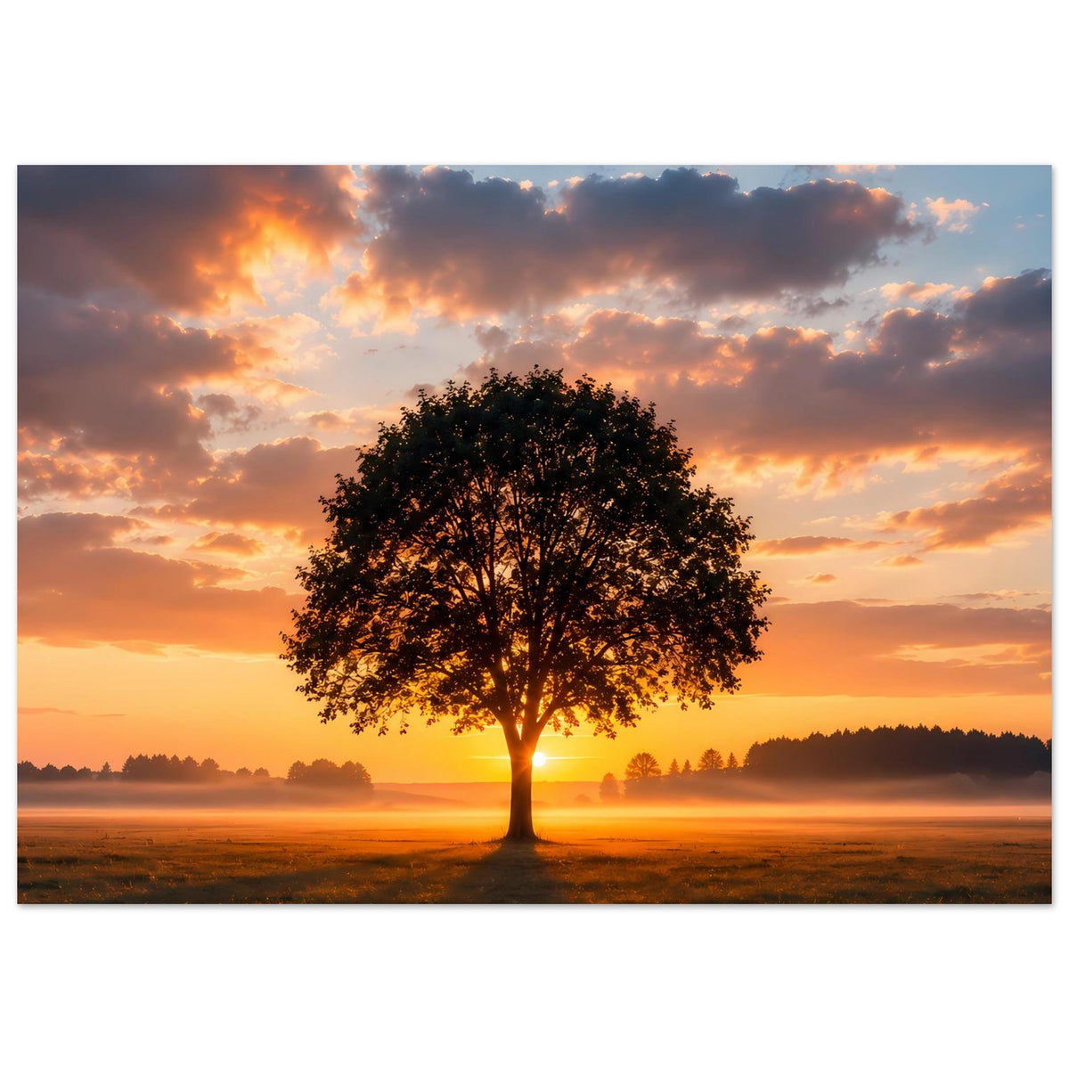 Wandposter mit zentralem Baum im Sonnenuntergang, orange Wolken und weiter Horizont
