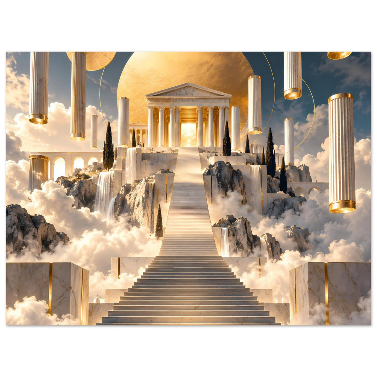Querformatiges Kunstposter mit Tempelallee, hohen Säulen, Wasserfällen und Wolken