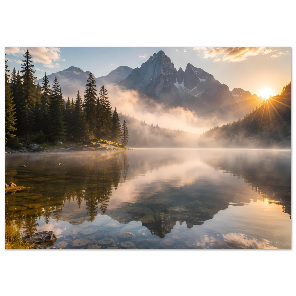 Horizontales Poster: Bergspitzen im Nebel, Nadelwald und ruhiger See mit Spiegelbild
