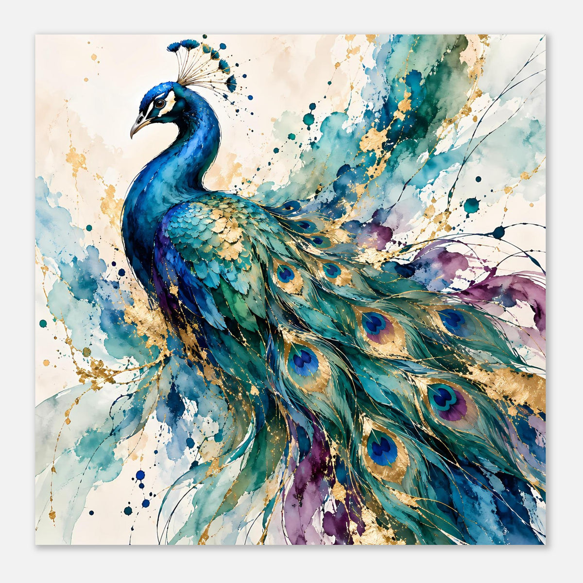 Aquarell-Poster mit blauem Pfau, ausladendem Gefieder und goldig-grünen Farbsprenkelakzenten