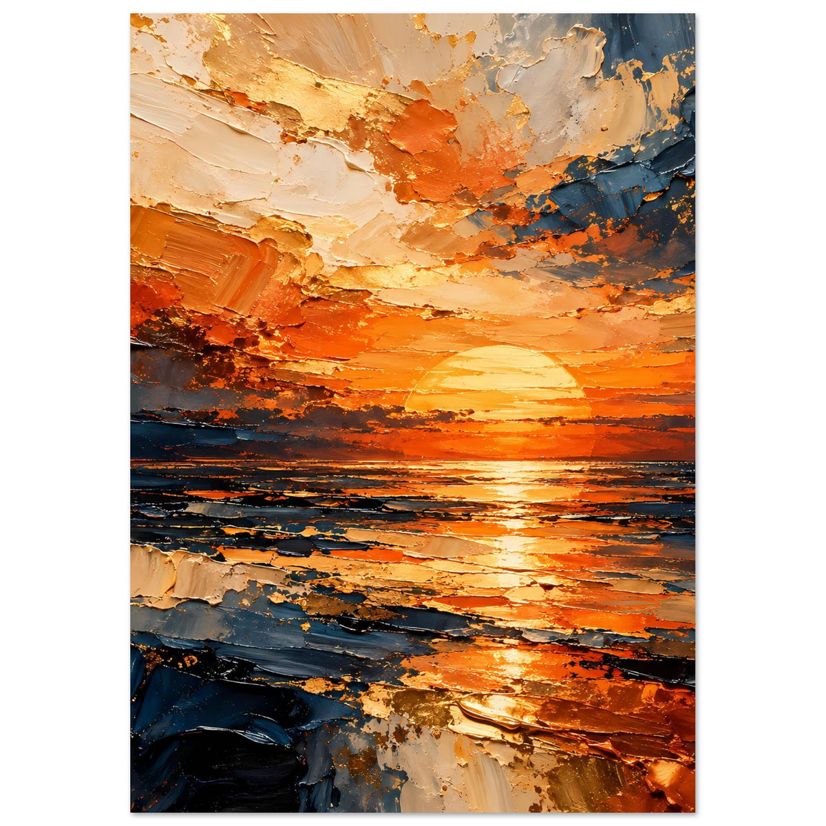 Poster mit abstraktem Sonnenuntergang am Meer, orange Glutstreifen und blaue Gischt-Textur