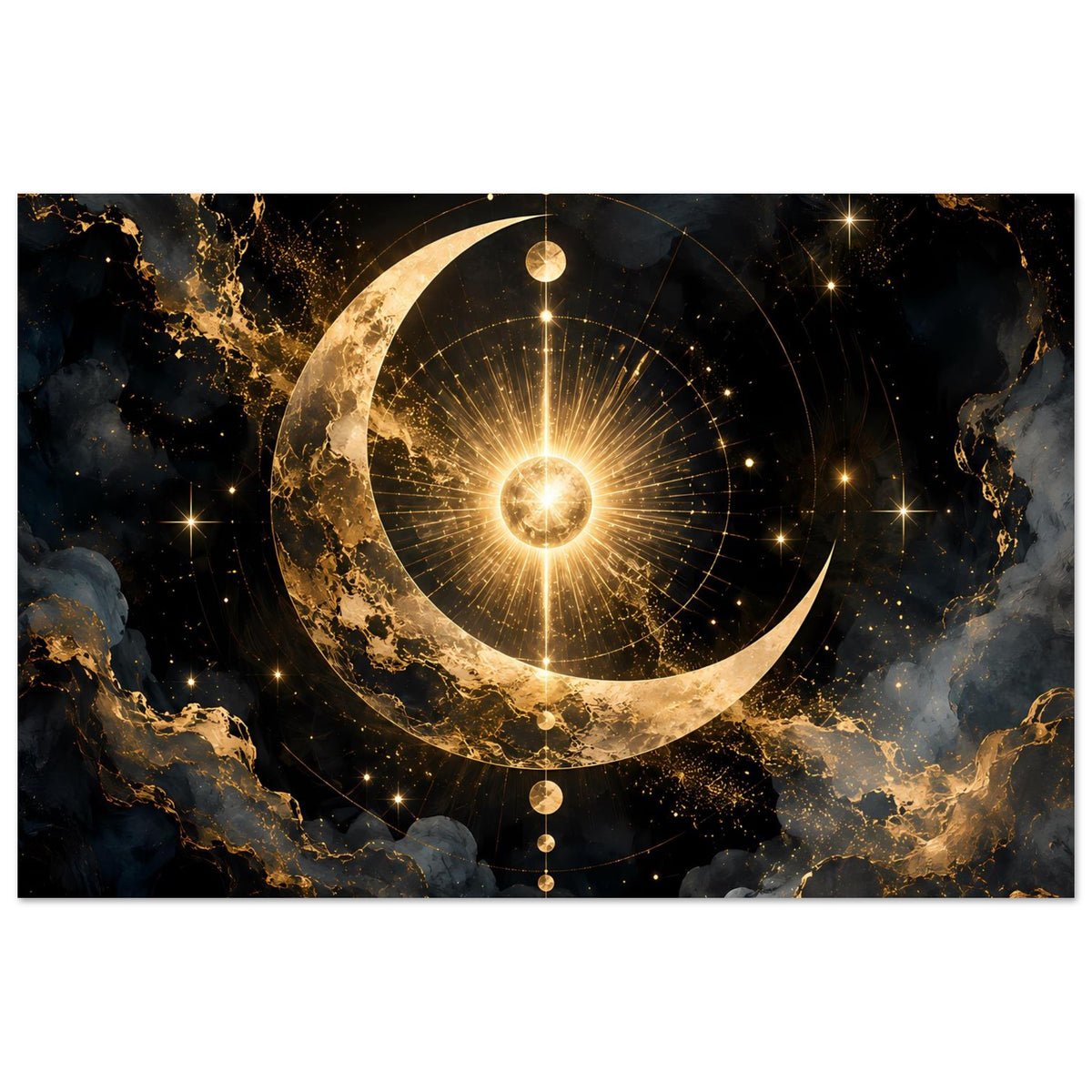 Horizontales Poster: goldener Halbmond mit Strahlenbündel, Sternenhimmel und Kreismuster