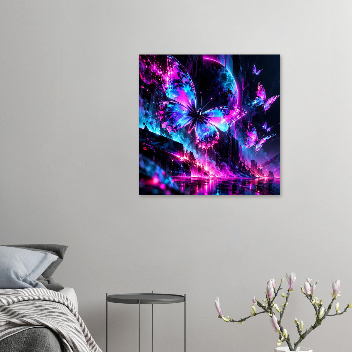 Neon-Schmetterlings-Poster (quadratisch) mit zentralem Falter, leuchtenden Flügeln und Neonhintergrund