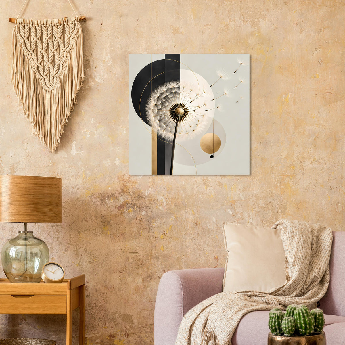 Gerahmtes Poster mit Pusteblume, Kreisen und goldenen Linien