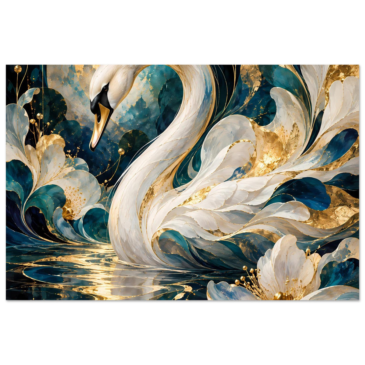 Querformat-Poster: weißer Schwan, goldene Spiegelung und türkisblaue Ornamentwellen