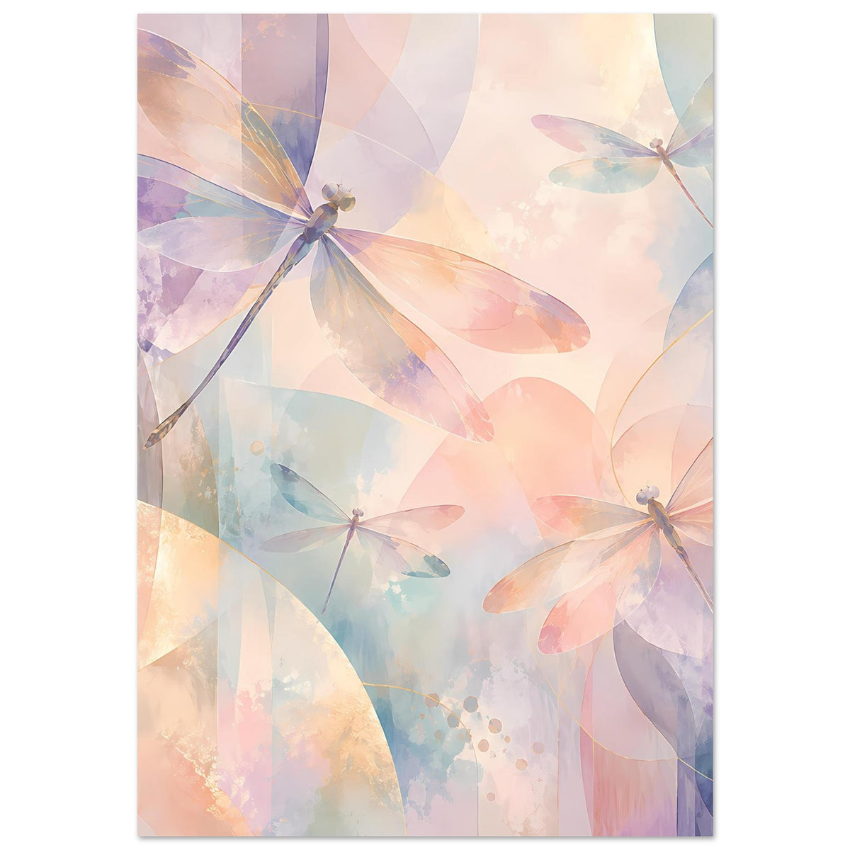 Pastellposter mit Libellenmotiv in Pfirsich-, Lavendel- und Hellblau-Tönen, vertikal