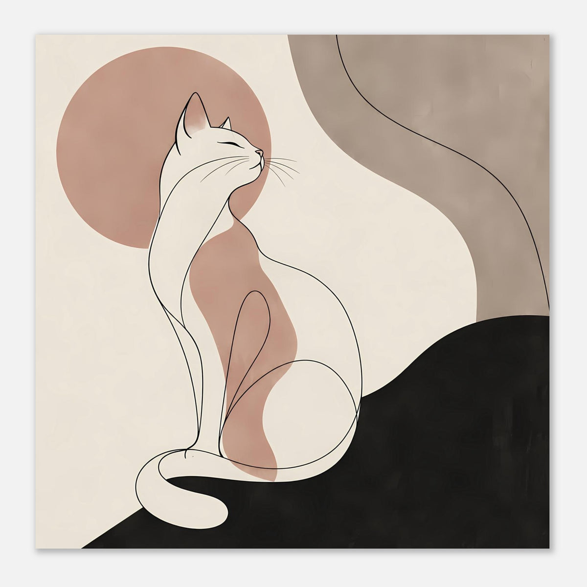Poster mit Katzen-Silhouette: zierliche weiße Konturkatze, rosafarbener Kreis, schwarze Diagonalfläche