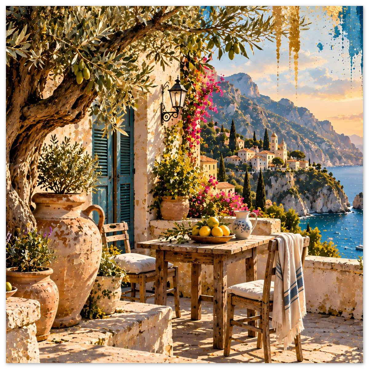 Poster: mediterrane Terrasse mit Laterne, Blumenampel, Zitronen auf Tisch und Küstenblick