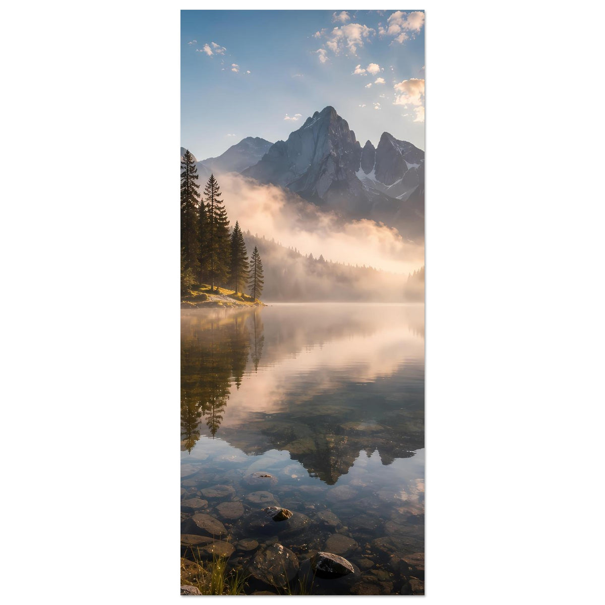 Hochformat-Poster mit Berggipfeln, Nebel und spiegelndem See, Fichten am Ufer