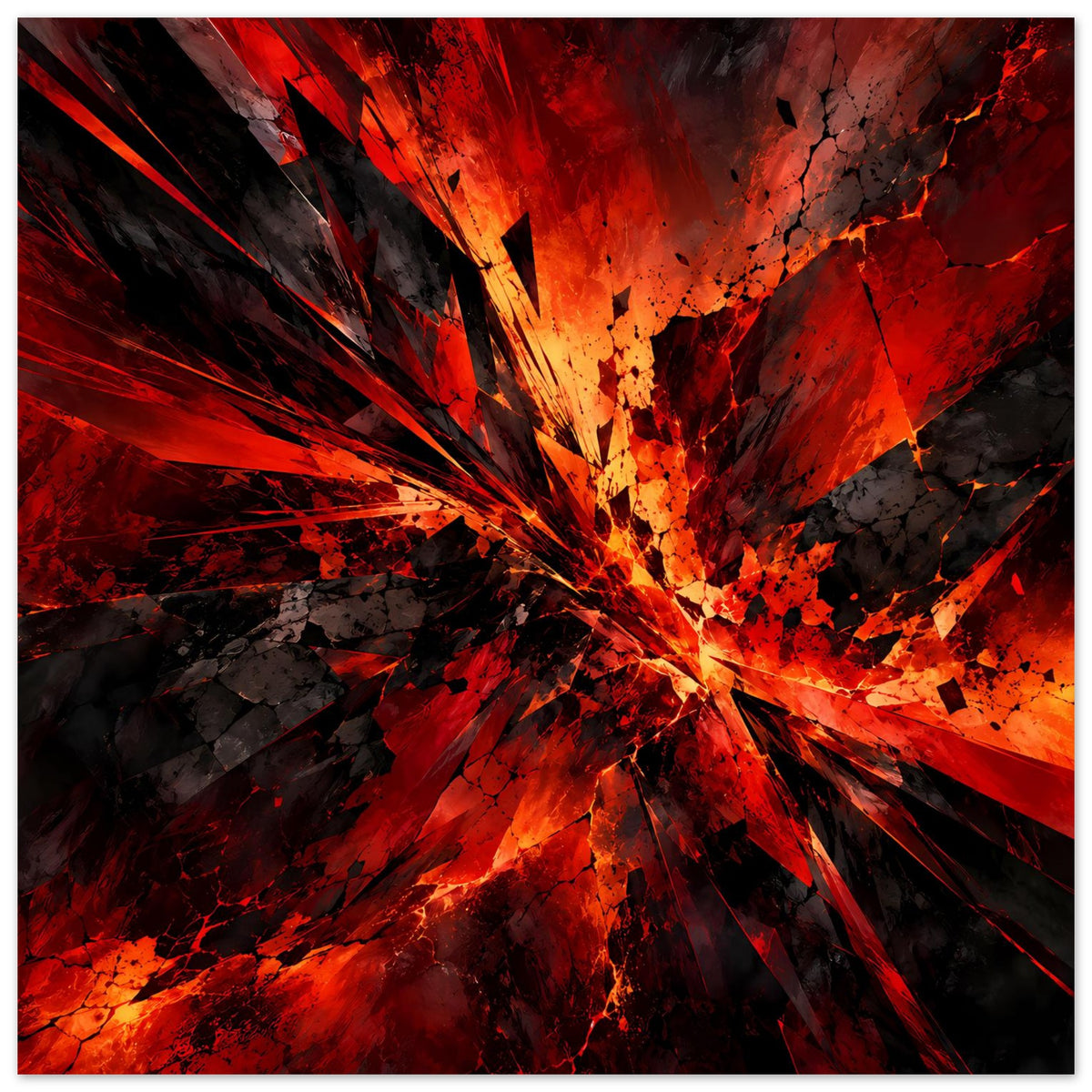 Abstraktes Poster mit explosivem Strahlenwirbel in Rot, Orange und Dunkelgrau/Schwarz