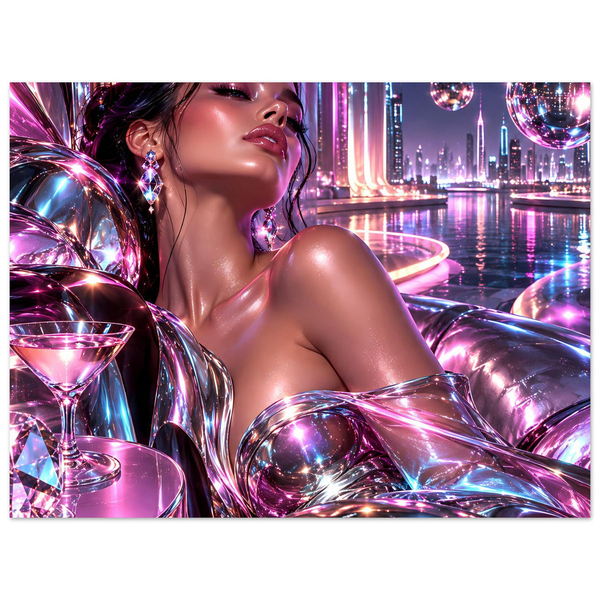 Horizontales Neon-Poster mit Frau, spiegelnden Kugeln und futuristischer Skyline