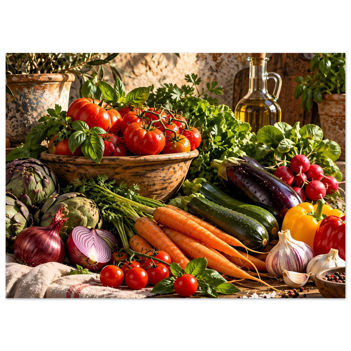 Gerahmtes Küchenposter mit Gemüsevielfalt: Tomaten, Karotten, Zucchini, Ölflasche und Kräuter