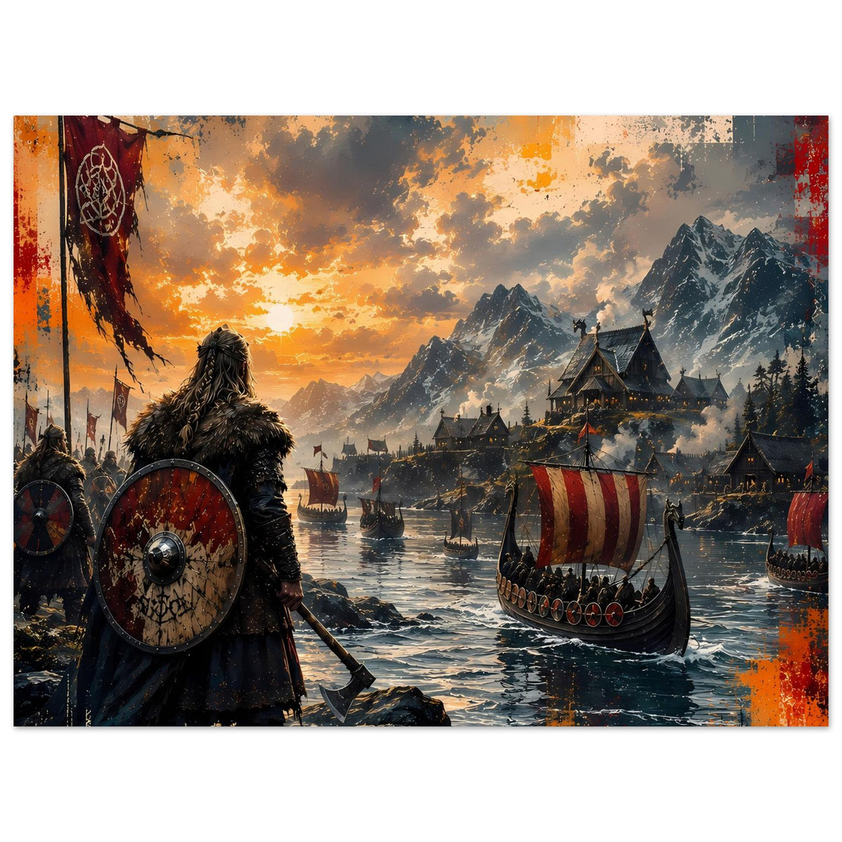 Wikinger-Poster: Krieger im Fellmantel mit Schild, Langschiff und Dörfer am Fjord