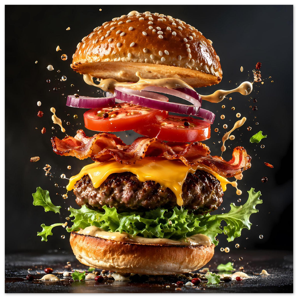 Burger-Poster im Hochformat: großformatiger Burger mit Käsefäden, Speck und Salat
