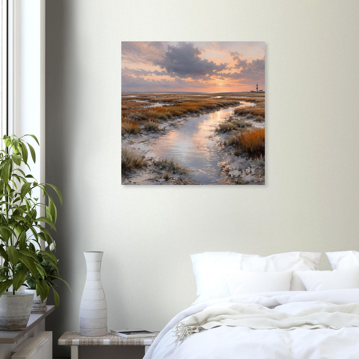 Poster mit Leuchtturm bei Sonnenuntergang über Dünen, Weg aus Wasser und Schilf