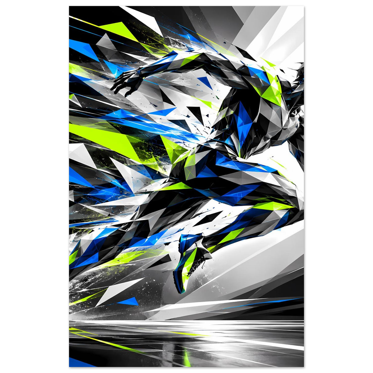 Laufkunst-Poster, Hochformat, geometrische Lauffigur mit Neon-Grün und Blau Akzenten