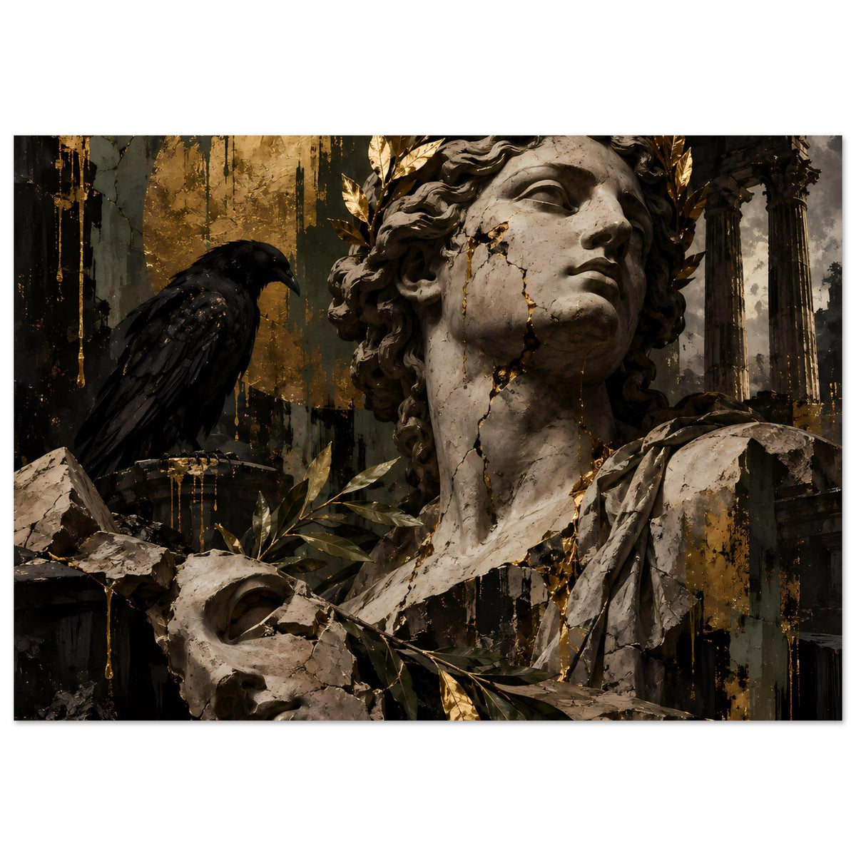 Barockes Poster mit Frauenskulptur und Goldakzenten, schwarzer Vogel links